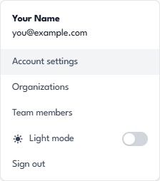 Tangible Cloud User menu expanded showing account name and email, Account settings, Organizations, Team members, theme toggle, and Sign out