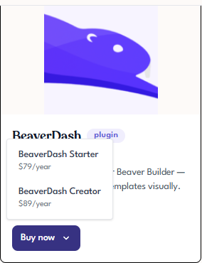 BeaverDash catalog card with the Buy now dropdown expanded showing Starter and Creator tier options with prices