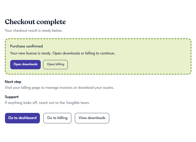 Tangible Cloud Checkout complete page after a successful purchase with a Purchase confirmed alert and shortcuts to downloads and billing