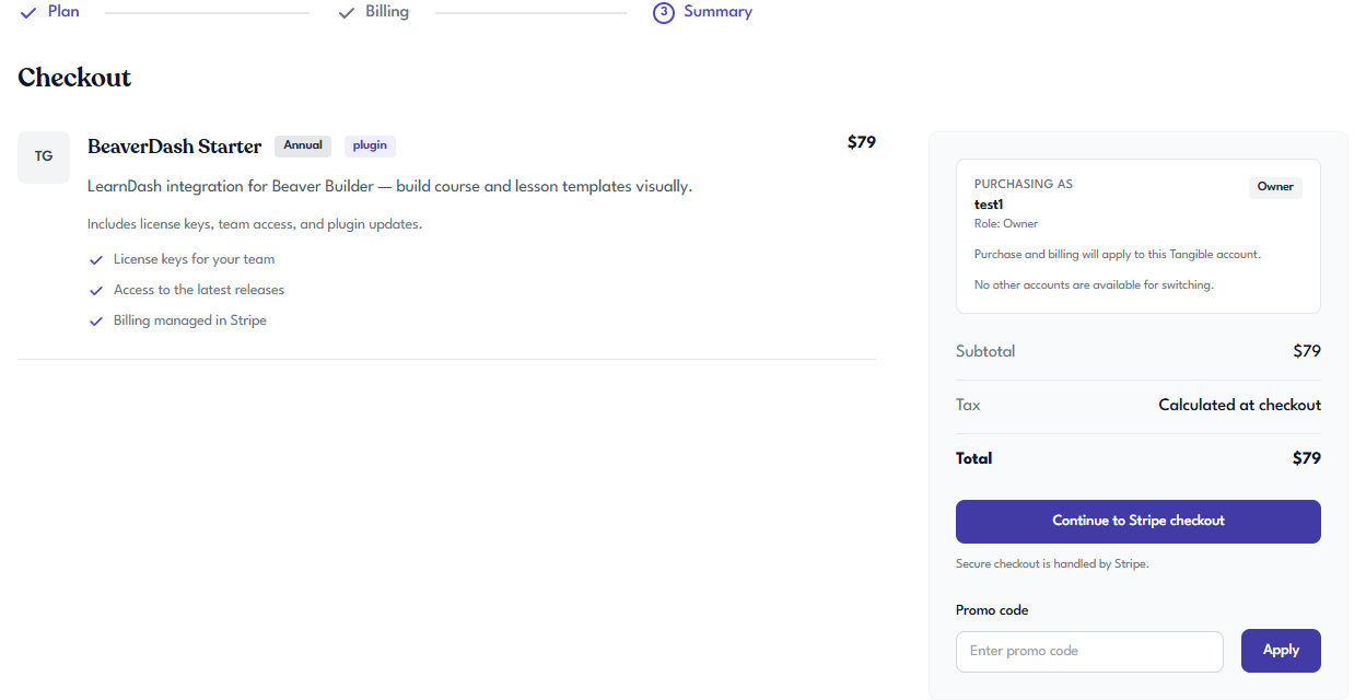 Tangible Cloud checkout Summary step with the product, purchasing-as panel, totals, and Continue to Stripe button