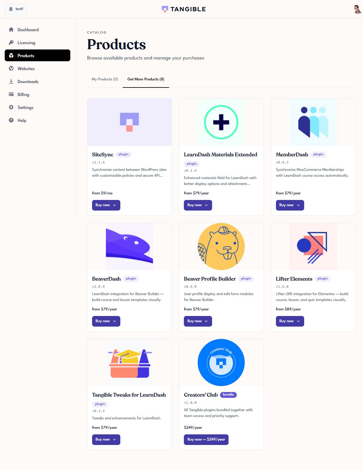 Tangible Cloud products page showing the Get More Products tab with the full catalog of plugins and bundles