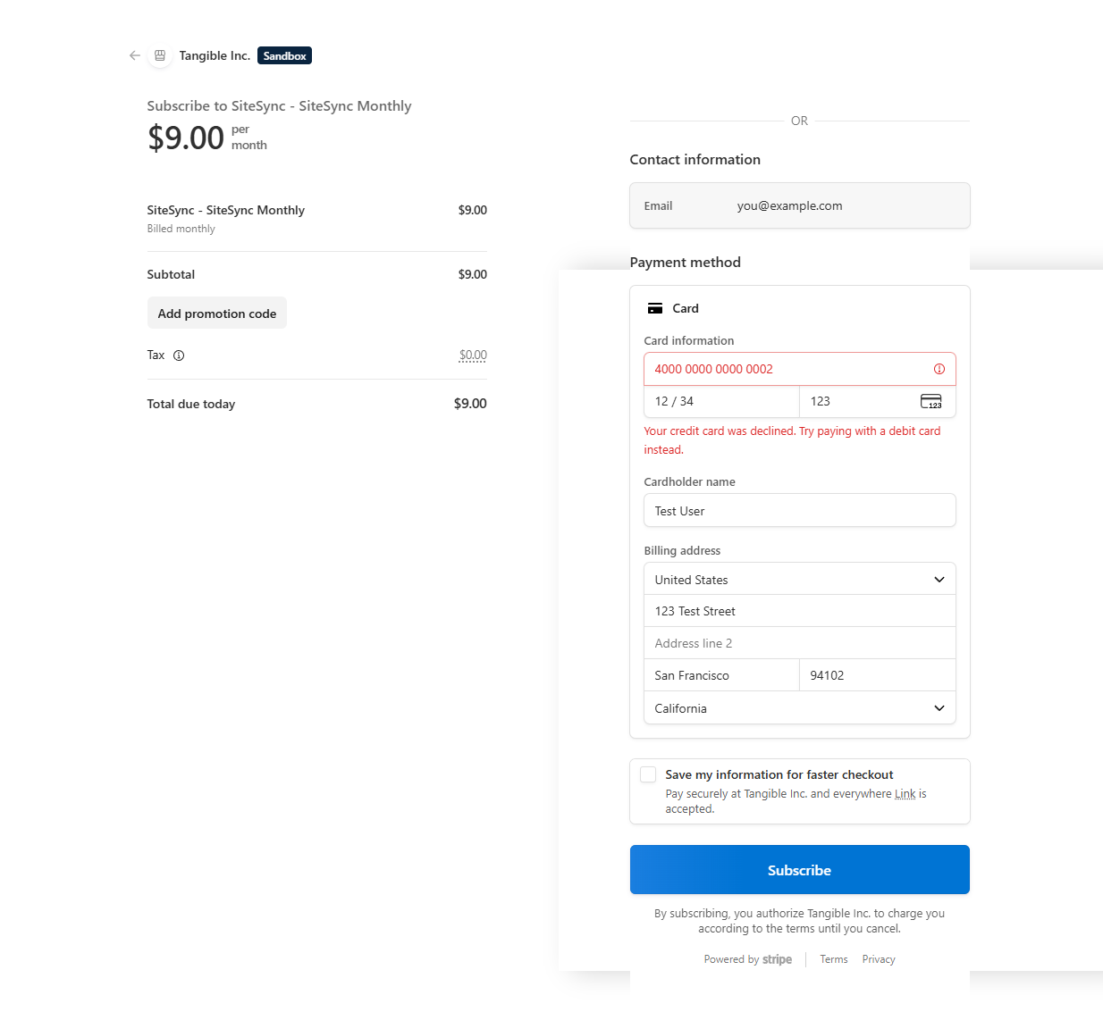 Stripe-hosted checkout showing a declined card error in red beside the card number field, with the message Your credit card was declined