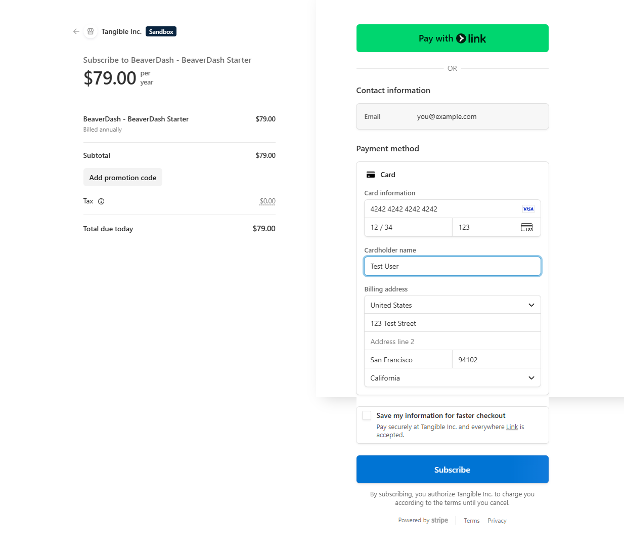 Stripe-hosted checkout page during a Tangible Cloud purchase showing the product line item, filled card details, and billing address
