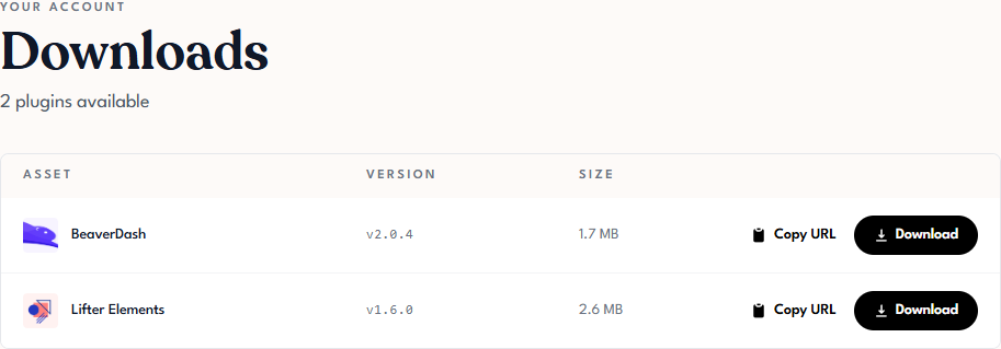 Tangible Cloud Downloads page showing a list of plugin assets with version, size, Copy URL, and Download buttons