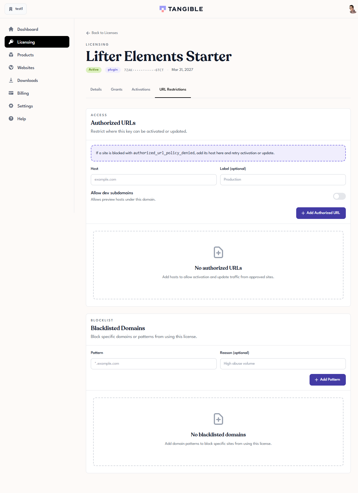 Tangible Cloud license URL Restrictions tab showing the Authorized URLs section with host and label fields, and the Blacklisted Domains section below