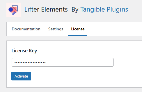 WordPress plugin License tab with a placeholder license key entered and an Activate button visible