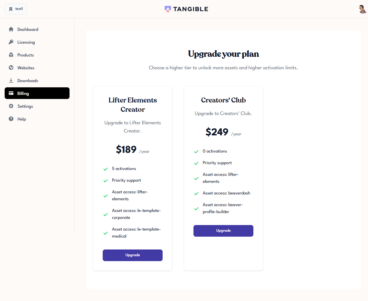 Tangible Cloud Upgrade your plan page with two upgrade option cards visible