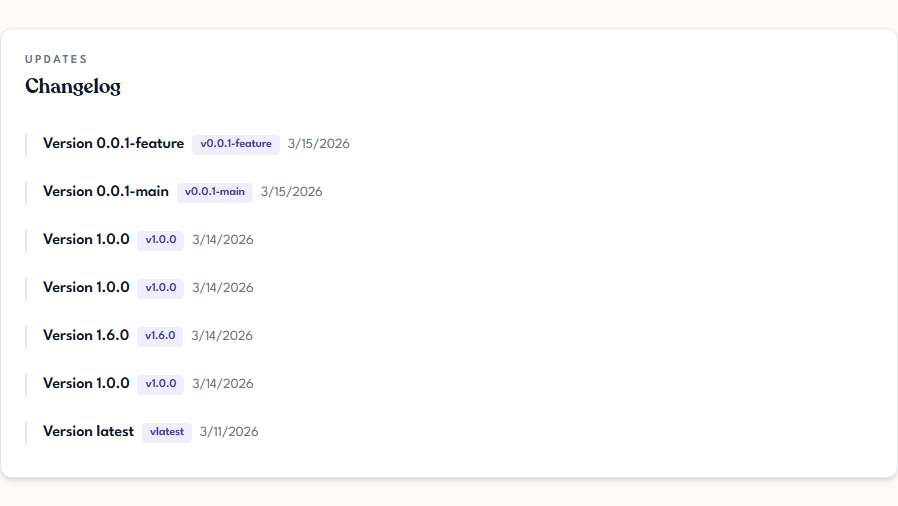 Tangible Cloud product detail Changelog tab listing version entries with version badges and release dates