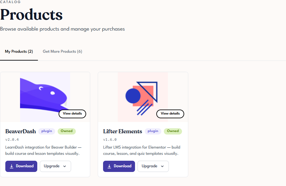 Tangible Cloud Products page on the My Products tab showing a card for Lifter Elements with an Owned badge, Download, and Upgrade controls