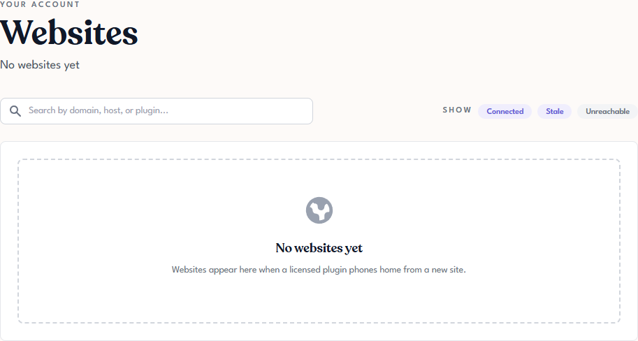 Tangible Cloud Websites page in its empty state showing the search box, filter pills, and a No websites yet placeholder