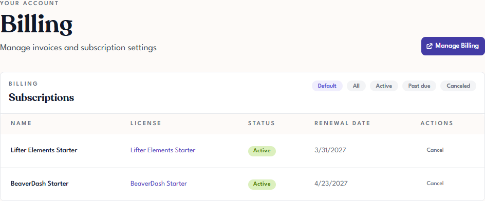 Tangible Cloud Billing page showing the Subscriptions table with filter pills and a Manage Billing button
