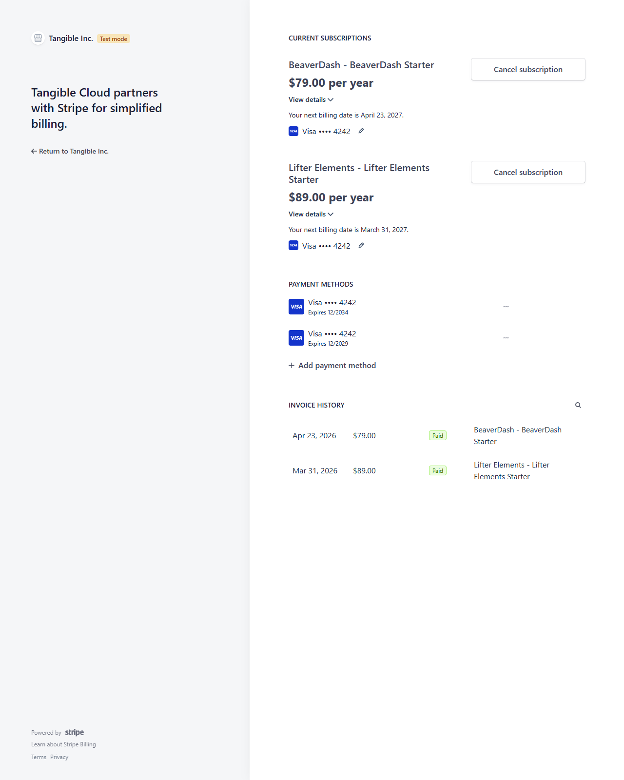 Stripe customer portal landing page for a Tangible Cloud customer showing Current subscriptions, Payment methods, and Invoice history sections