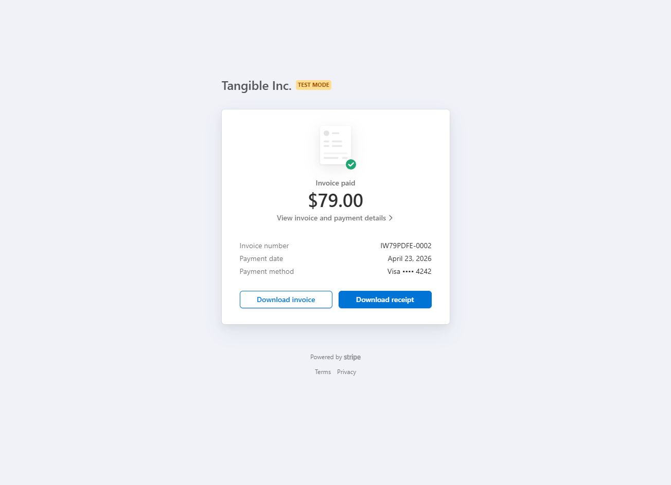 Stripe-hosted invoice detail page showing an Invoice paid badge, amount, invoice number, payment date, payment method, and Download invoice and Download receipt buttons