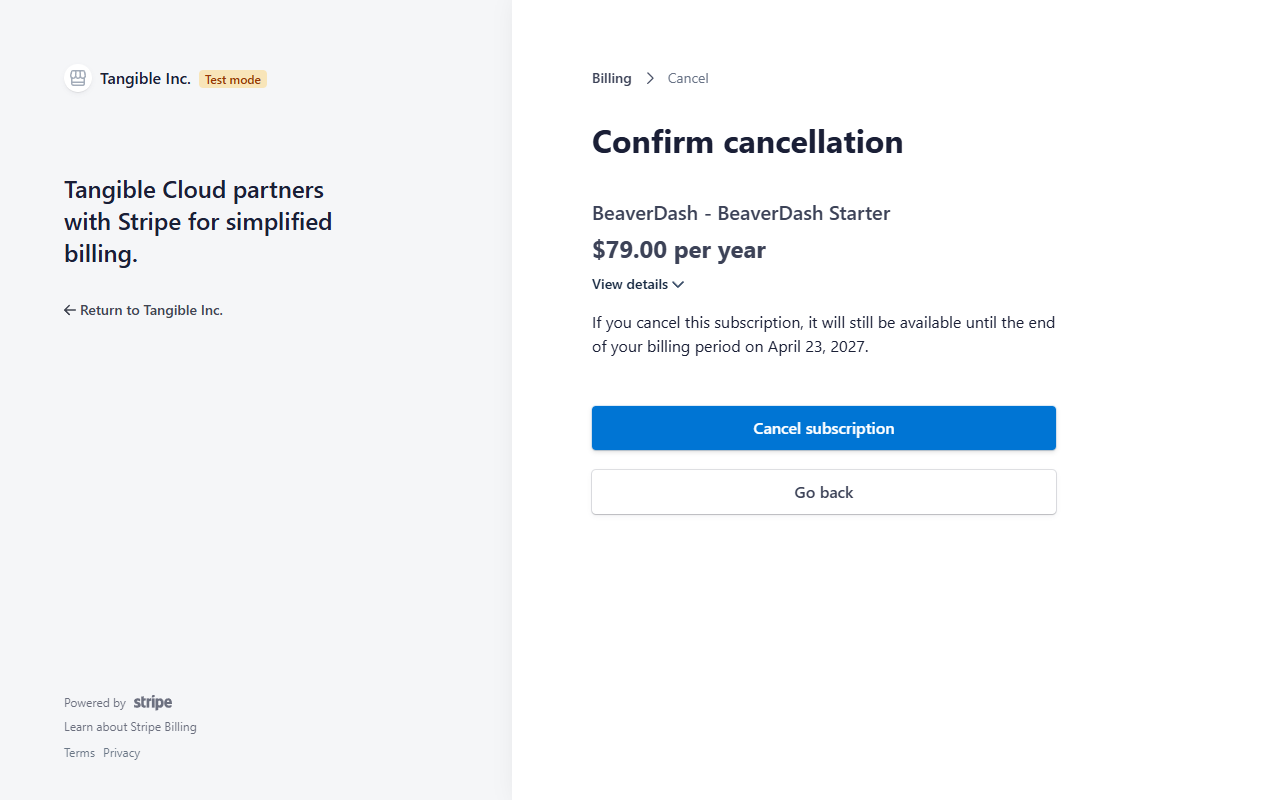 Stripe customer portal Confirm cancellation page for a BeaverDash subscription showing the end-of-service date and Cancel subscription and Go back buttons