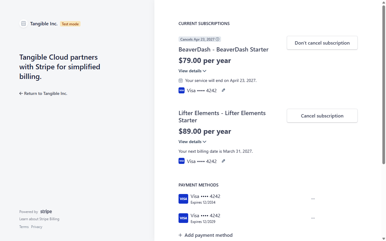 Stripe customer portal after canceling a subscription showing a Cancels badge with the end date and a Don't cancel subscription button