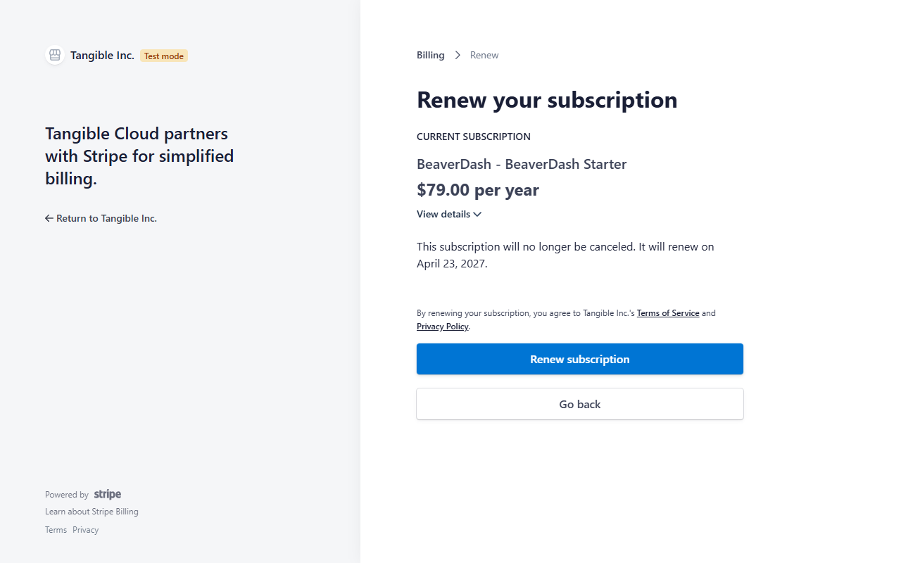 Stripe customer portal Renew your subscription page for a previously canceled BeaverDash subscription showing the renewal date and Renew subscription and Go back buttons