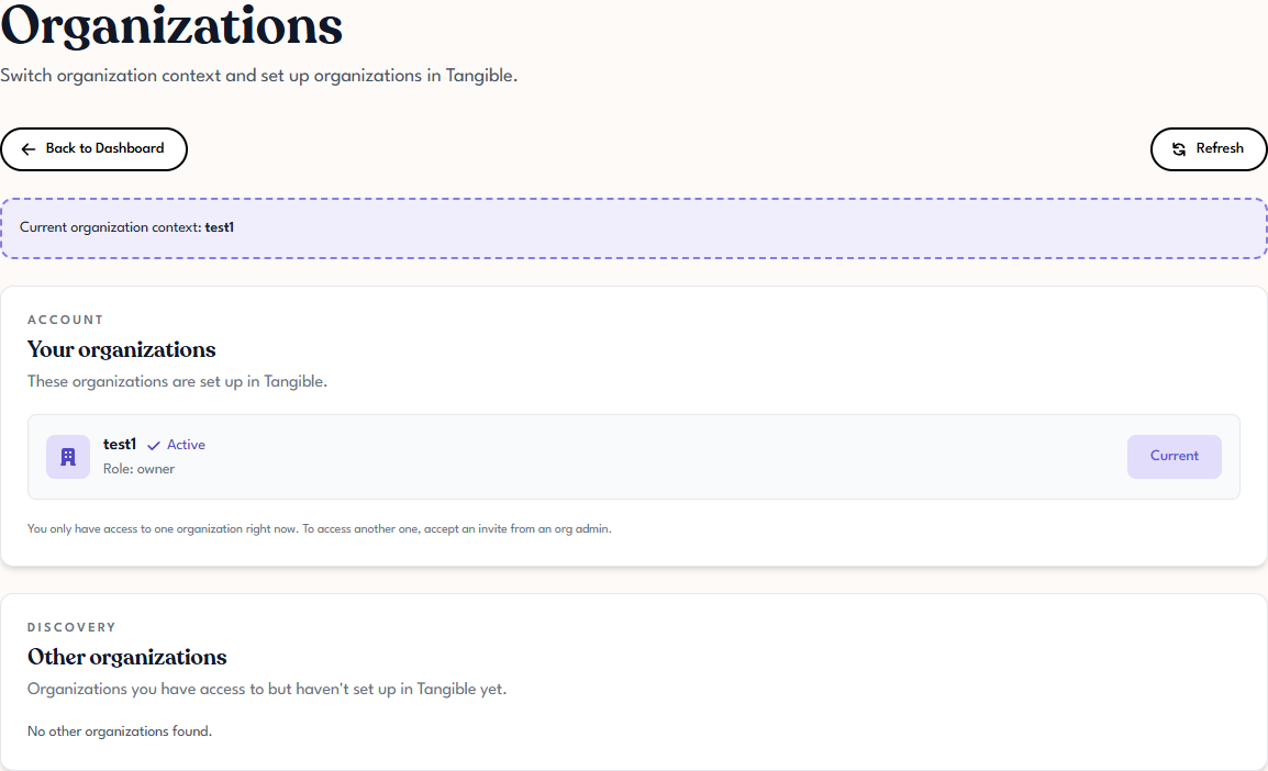 Tangible Cloud Organizations page listing organizations the user is currently part of, with an indicator for the current context