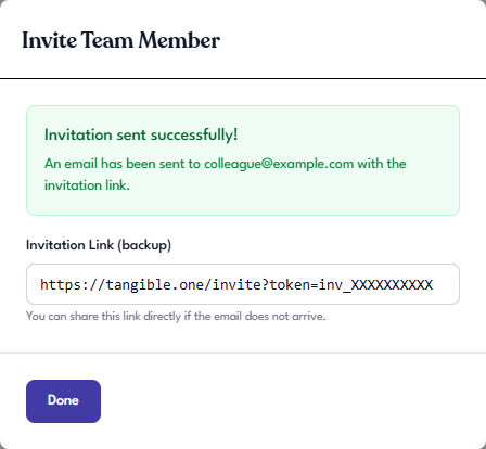 Invitation sent successfully dialog showing confirmation message and a backup invitation link