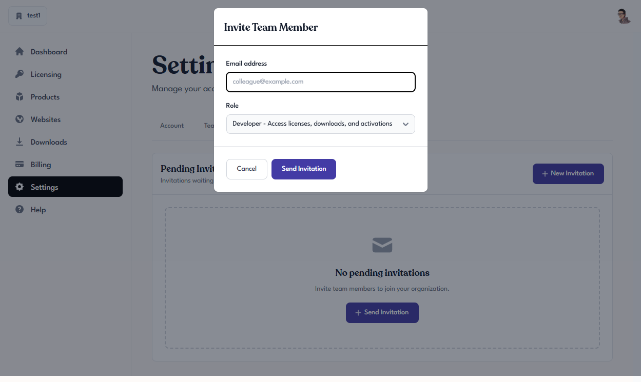 Invite Team Member dialog showing an email field and a role dropdown with six role options