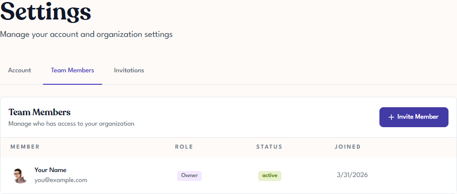 Tangible Cloud Team Members tab with a list of current members and an Invite Member button