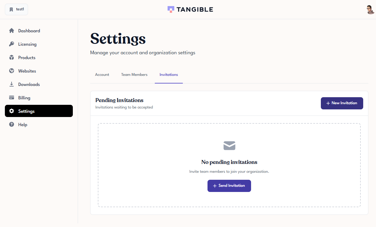 Invitations tab empty state showing no pending invitations message with New Invitation and Send Invitation buttons