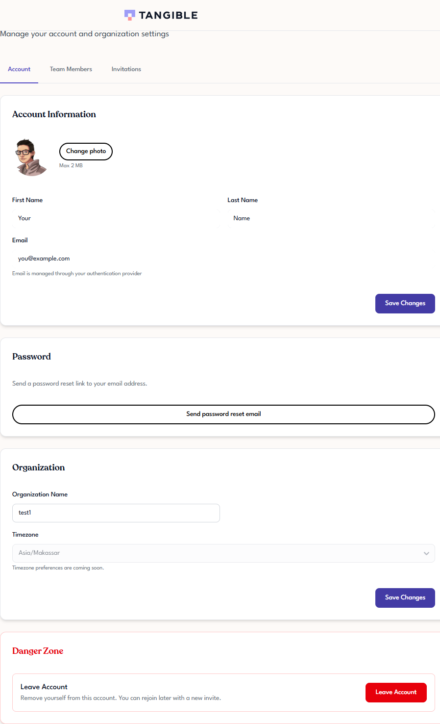 Tangible Cloud Settings page Account tab showing the Leave Account option in the Danger Zone card