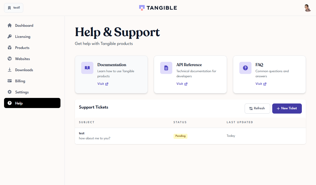 Tangible Cloud Help page showing three resource cards for Documentation, API Reference, and FAQ, plus a Support Tickets table below
